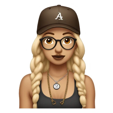 Girl with blonde hair with dark brown at the ends. She also has double nostril piercings, a septum ring, and a Medusa piercing, hazel eyes and big framed glasses. Hair is in braids with  a backwards baseball hat sticker