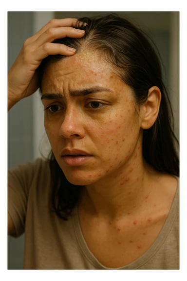 A highly realistic, cinematic close-up portrait of a young woman in her late 20s with medium skin tone, displaying visible folliculitis and seborrheic dermatitis. Small, red, inflamed follicular papules and pustules are scattered along her hairline, jawline, and upper neck, indicating folliculitis. Her scalp and areas around the nose and eyebrows show flaky, greasy yellowish scales, with redness and irritation, indicating seborrheic dermatitis. Her hair appears slightly greasy and clumps near the scalp, emphasizing excess sebum production. She gently touches her irritated scalp with concern while looking at herself in a softly lit bathroom mirror, expressing discomfort and frustration. The environment is neutral and clean, with daylight softly illuminating the scene to highlight the skin and scalp texture. The style is 35mm hyperrealistic, with warm neutral tones and shallow depth of field to maintain focus on her skin, inflammation, and emotional expression, visually explaining the physical discomfort and aesthetic concerns of living with folliculitis and seborrheic dermatitis sticker