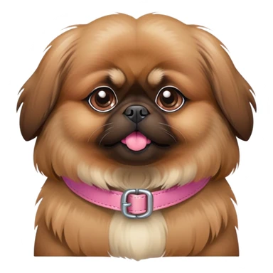 A brown Pekingese dog with pink collar sticker