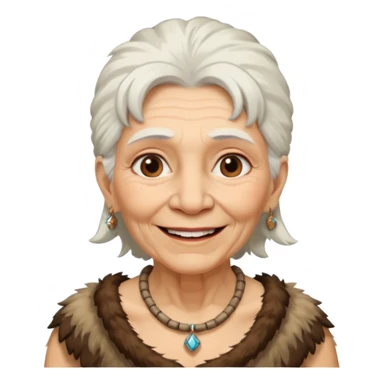 smiling old woman Neanderthal with white hair, fur dress, and necklace sticker