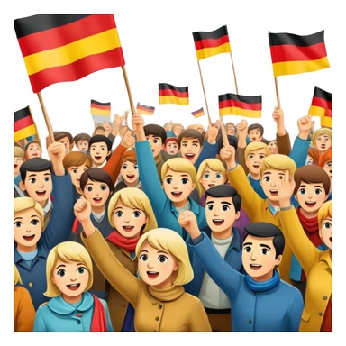 West German protest scene with people holding colorful protest signs, BRD flag, lively mood, 1960s sticker