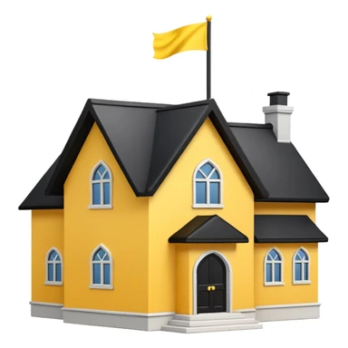 simple school, white background, magic school, black roof, with a big flag, big flag on a roof, big yellow flag, white school sticker