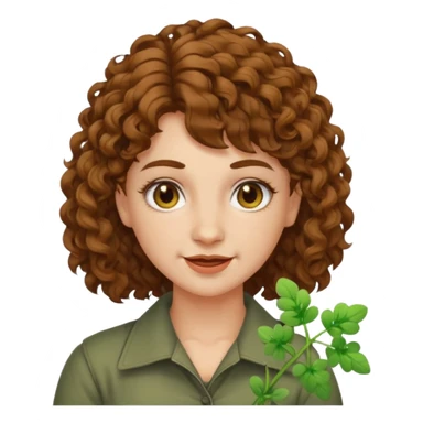 bust woman short curly brown mullet hair brown eyes white skin chewing clover stem, sarcastic grin sticker