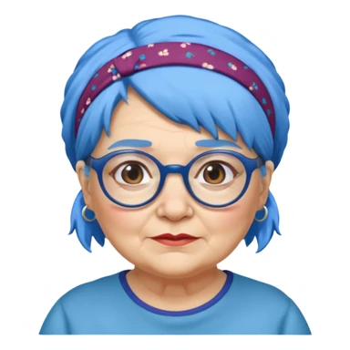 fat old woman with blue hair and glassess and headband sticker