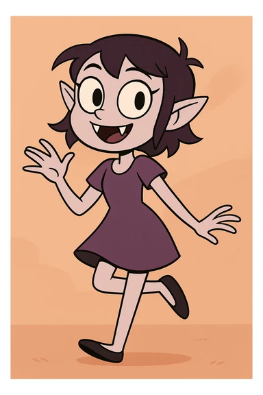 vampire girl, cartoon style, playful pose, purple dress, small fangs, big eyes, cute and friendly sticker