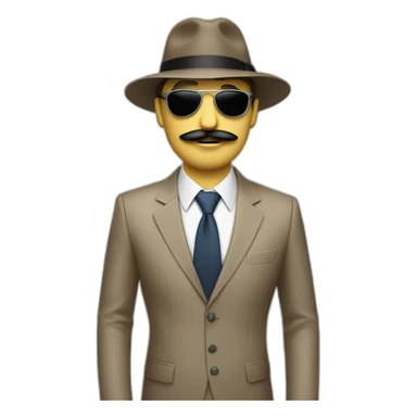 A beige man with a suit, a tie, a fedora hat, headphones, sunglasses and a mustache sticker