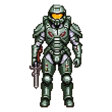 male Halo Spartan nomad with battle-worn armor and scavenged equipment sticker