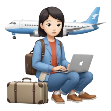 페르소나 요약 : 교환학생을 준비하는 대학생. 동양인 중성 20대의 상반신, 캐주얼한 옷을 입은 채 노트북을 보고 있으며 옆 한켠에는 캐리어가 함께 준비되어 있어요. 머리 위에 생각풍선으로 비행기를 떠올리고 있어요 sticker