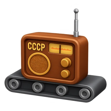 Сгенерируй мне детализированный емодзи, конвеер на котором лежит советский радиоприемник, на пнг фоне без фона. В СТИЛЕ ЕМОДЗИ ЭПЛ! sticker