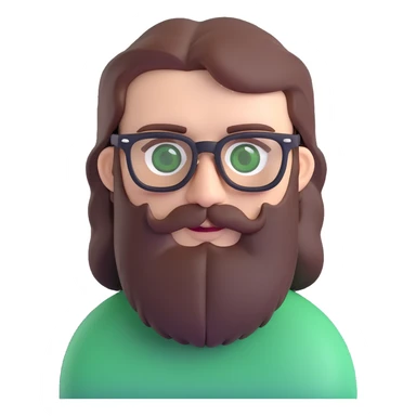 3D style portrait of a white male, mid 30s, green eyes, black square glasses, long brown beard, medium brown hair, neutral expression sticker