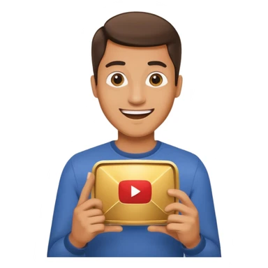 a happy man holding youtube golden play button sticker