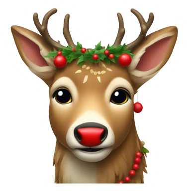 Deer with a garland on the horns, red nose sticker