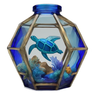 symbolic ocean in a bottle sculpture symbolizing Pisces with a geometric, faceted design sea turtle. The bottle is standing upright with angular and baroque features. The vibrant deep blue waves colors highlights the sharp edges and planes.  sticker