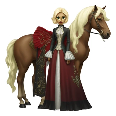 "galora green blonde alien woman" in red Victorian dress elegant, full body, winged horse sticker