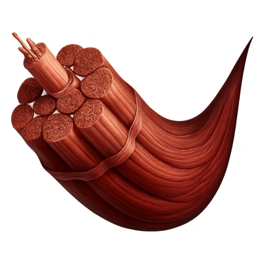 Create a 3D elongated human muscle anatomy in a hyperrealistic style, similar to the reference image, with no background. sticker