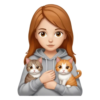 A white girl with brown caramel hair with highlights wearing a gray hoodie holding two cats one is white and baige and the other one is orange and white  sticker