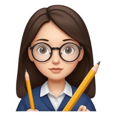 brunette woman with long hair and round glasses, holding a pencil sticker