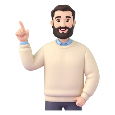 3D cartoon male presenter, dark neatly styled hair, full beard, thick eyebrows, confident friendly smile, wearing cream sweater over pale blue shirt, one hand on whiteboard, other hand pointing sideways, professional approachable, neutral indoor background sticker