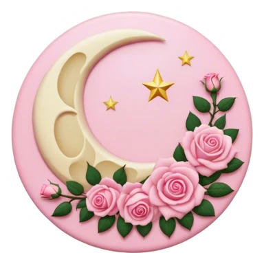 A round pink button with a cream colored crescent damask moon and pink roses in the center sticker