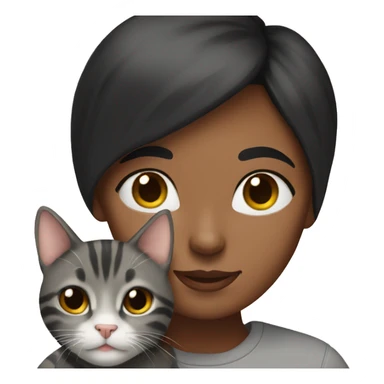 A black haired girl holding a gray tabby cat sticker