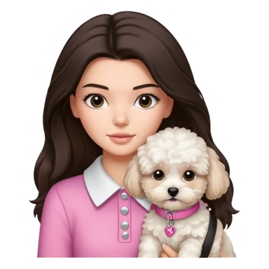 brunette Kendall Jenner with long hair holding on the hands white maltipoo wear on pink collar sticker