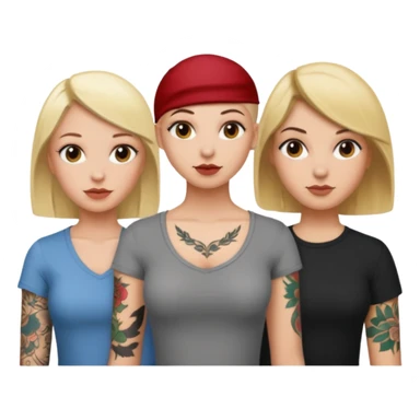 throuple blonde femaleand brunette female with bald tattooed sticker