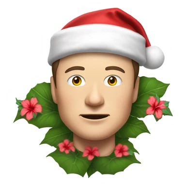 Elon Musk wearing a hibiscus flower with a Santa hat sticker
