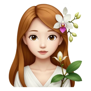 Asian girl with long golden brown hair white skin makeup natural with orchid in her left ear, her dress is white   sticker