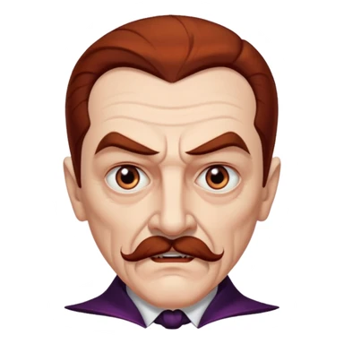 An elderly man with slicked-back reddish-brown hair, sharp brown eyes under heavy brows, and a white mustache, giving him a stern, Dracula-like appearance. sticker
