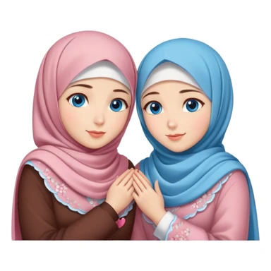 Two friendly sister Turkish girls beautiful finish Konya blue eyes with cherry blossom hijab and heart dress and hugs  sticker