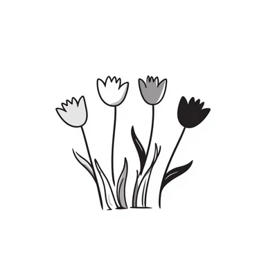 Tulip flowers with stems and leaves in pastel colors (dd9fb0, ffc6d3, a3bfc9, c4bee2, f1b091), hand-drawn doodle style sticker