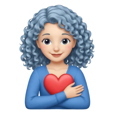 Silver, wavy/curly hair chin-length lady giving hug with 2 arms, blue v-neck and smilingm add a heart sticker
