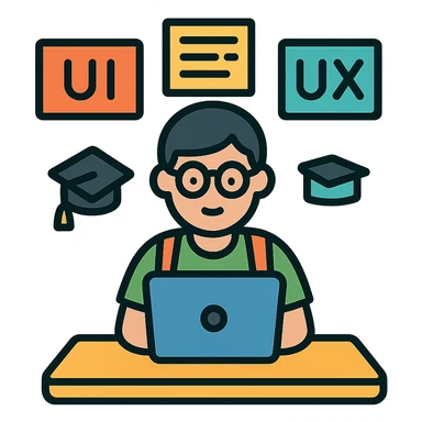 college student at a desk, laptop open, surrounded by UI/UX notes sticker
