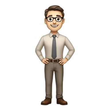 Pale skinned fit man with dark brown hair in gray jacket, beige office shirt, brown tie, brown pants and vintage glasses Writing on the flipchart sticker