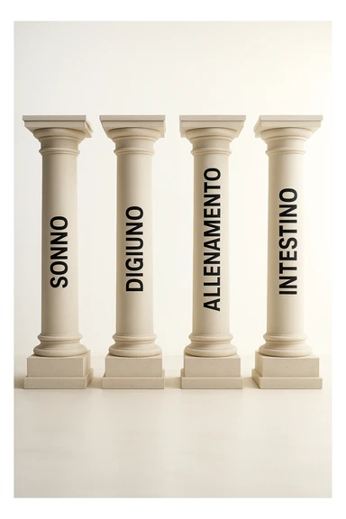 5 pilastri con le scritte "SONNO", "DIGIUNO", "ALLENAMENTO", "INTESTINO", IMMAGINE IPERREALISTICA SFONDO CHIARO IN ITALIANO sticker