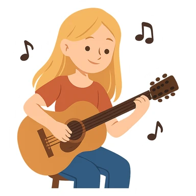 flat toon style of a pretty blonde girl playing guitar with music notes floating sticker