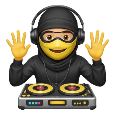 Make a customized yellow head emoji with hands and holding a dj turn table  in a  ninja face mask sticker