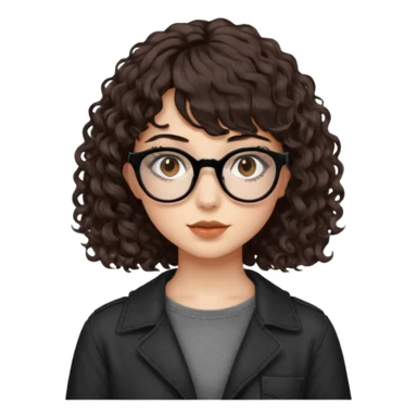 A girl with fair skin, brown eyes with black square glasses, eyeliner, shoulder length curly hair with bangs, with a grunge outfit  sticker