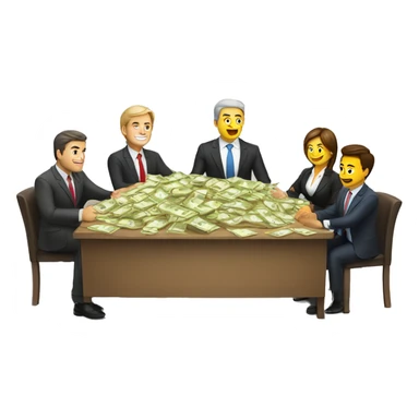 Group of business people sitting around a big table. A sack of cash is in the middle of the table sticker