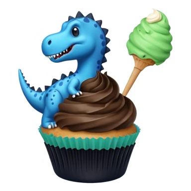 A cupcake having blue and black icing and a dinosaur as a decoration and ice cream next to it sticker
