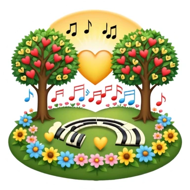 peaceful garden at sunrise, surrounded by music notes, sun, heart, trees, and butterflies — symbolizing unity, faith, and hope sticker