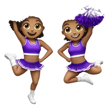 Caucasian cheerleader with dark brown curly hair, jumping and holding up two purple Pom poms, small full body emoji sticker