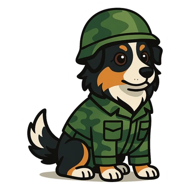 black-tri Mini American Shepherd in a camo green soldier uniform and green helmet sticker