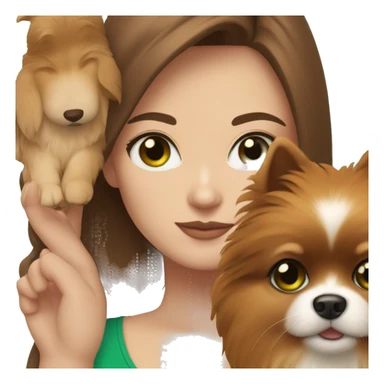 Woman with green eyes, white skin, brown hair and a Pomeranian puppy sticker
