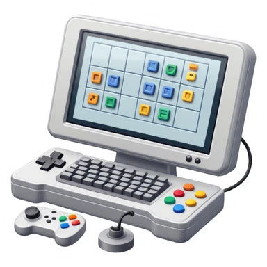 Emoji for Game Design: computer screen with Professional game development interface, 3D models, pixel art and design tools like grid, wireframe, gamepad, joystick, stylus. Symbolizes the technical and creative process of game development. Transparent background. sticker