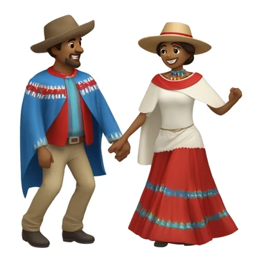 A couple of a man and a woman dancing a Chilean folk dance called cueca. The man wears a huaso hat and a square poncho with brown colors, and the woman wears a white dress with red and blue details. sticker