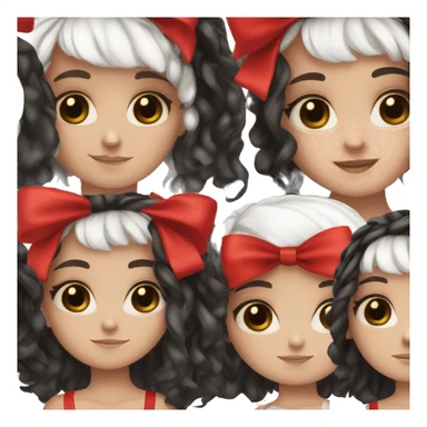 girl with black and white split dye hair, freckles, brown eyes wearing a red bow sticker