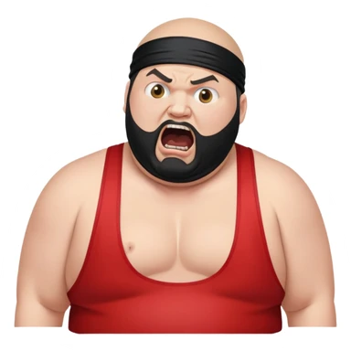 Extreme close-up of face of morbidly obese white skin guy with young face, prominent BLACK DURAG tied clearly on head, black beard but no mustache, clean shaven upper lip, black eyes in a red and black wrestling singlet with mouth wide open screaming angrily sticker