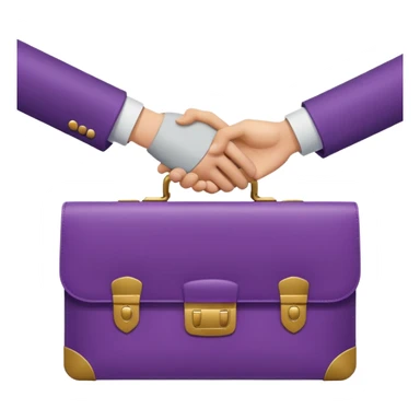 Minimal two-tone purple icon: two hands exchanging a briefcase. Geometric, transparent background. sticker