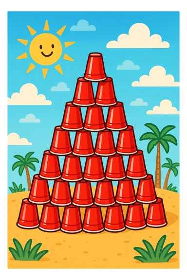 an Egyptian pyramid made out of stacked red plastic party cups, humorous sticker